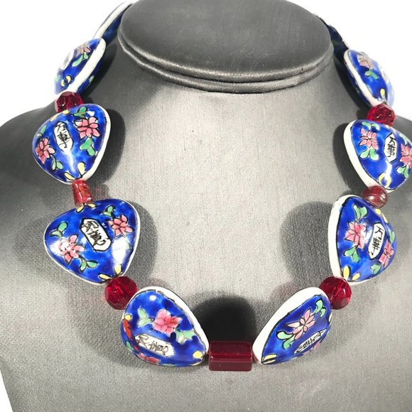 Conceptual Subculture Jewelry - Asian Choker Cloisonne Beaded Necklace Floral Blue